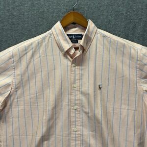 Ralph Lauren Mens Large Blake Peach Striped Short Sleeve Shirt Flesh Pony